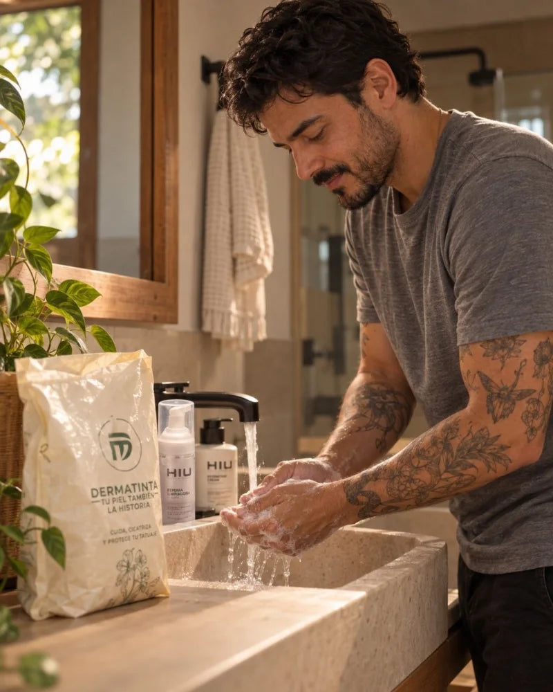 Hombre tatuado lavándose las manos con la bolsa Dermatinta y los productos junto al lavamanos (imagen creada con IA).