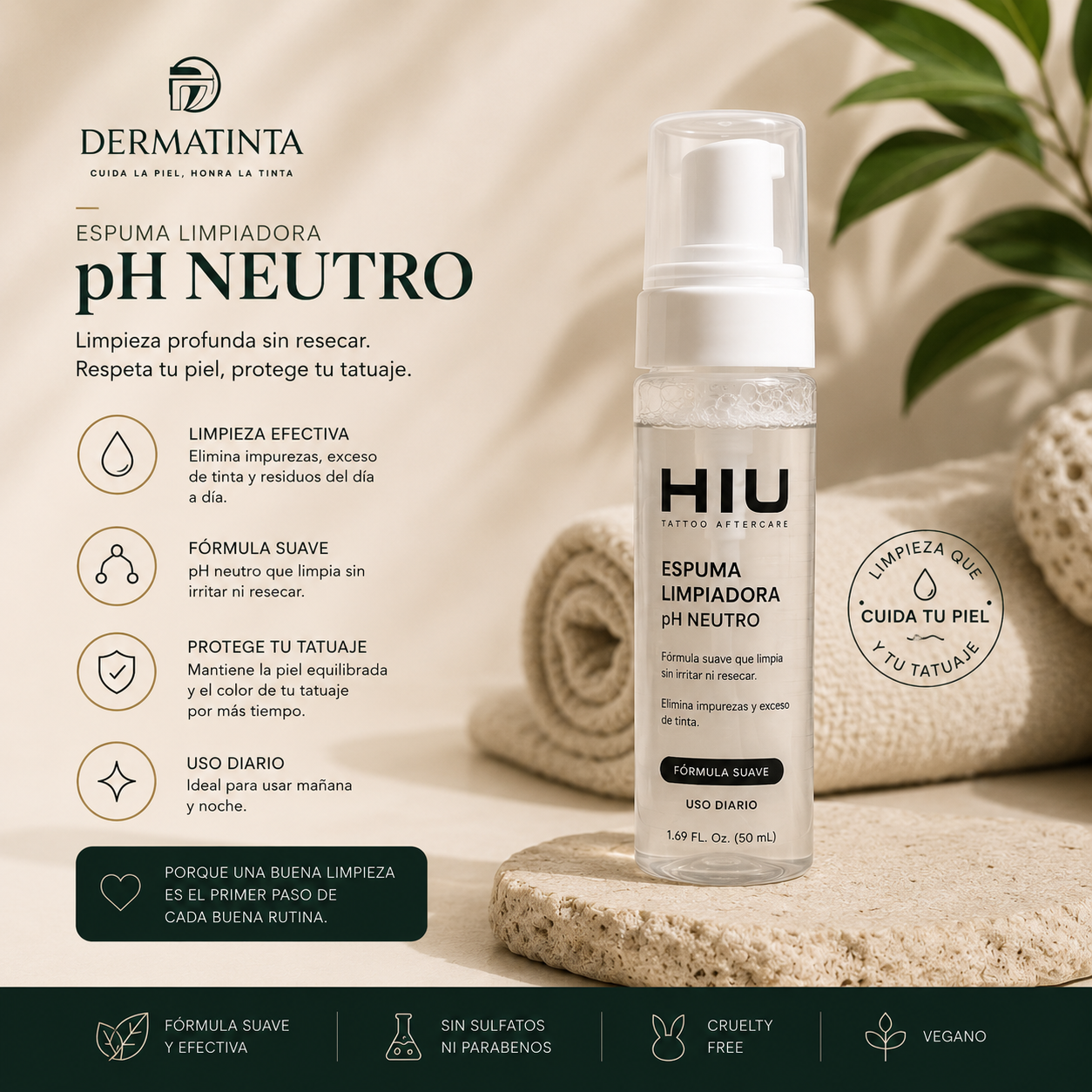 Espuma Limpiadora para Tatuajes pH Neutro — Limpieza Diaria sin Irritación | Dermatinta