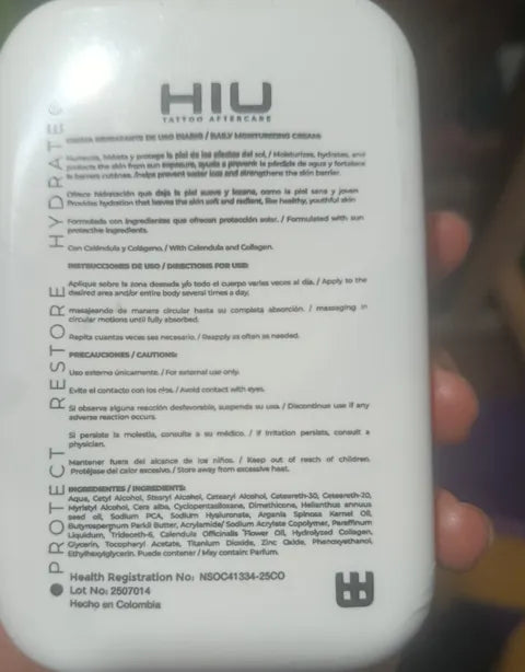 Etiqueta trasera real de la crema HIU: modo de uso, precauciones, ingredientes y notificación sanitaria NSOC41334-25CO.