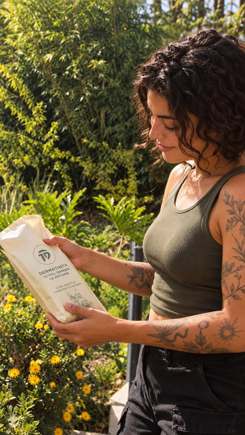 Mujer tatuada en un jardín, mirando con calma la bolsa Dermatinta que sostiene (imagen creada con IA).