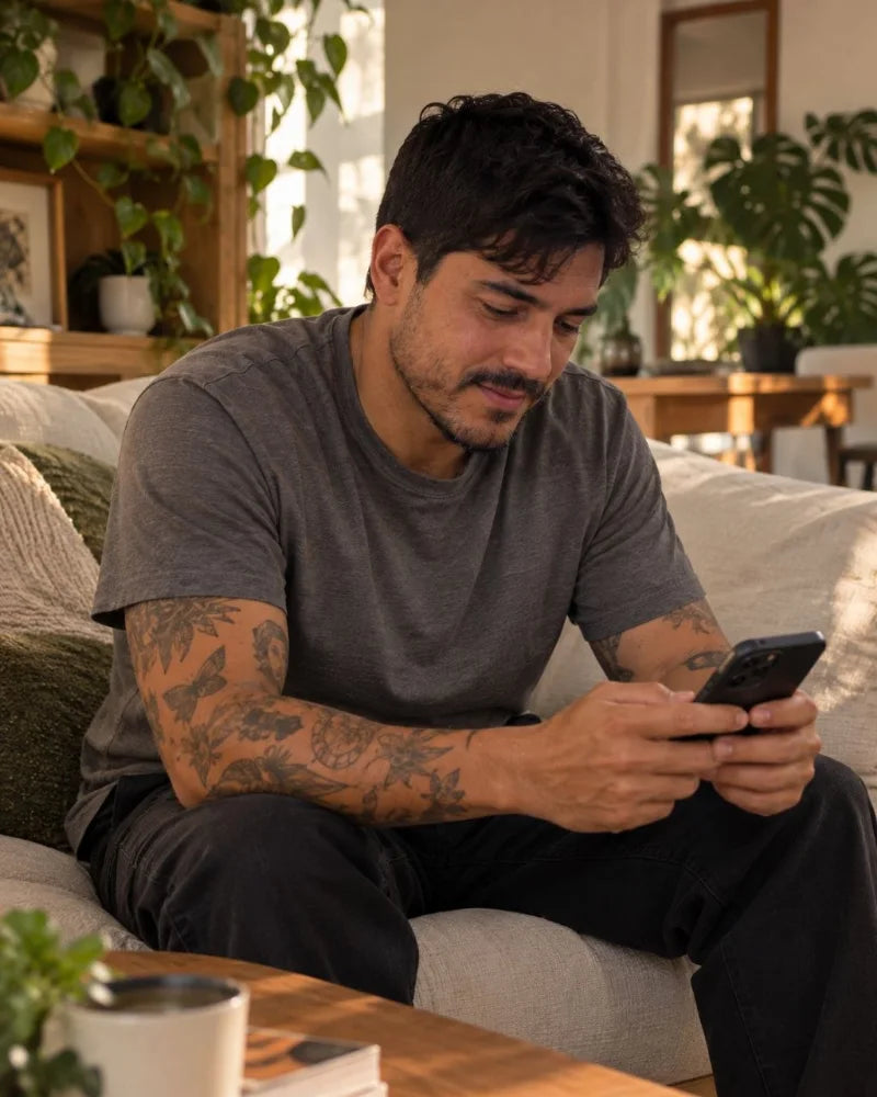Hombre tatuado en el sofá mirando el celular, en un día cualquiera (imagen creada con IA).