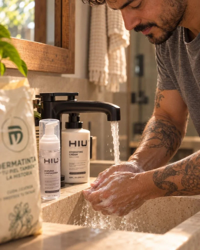 Primer plano: manos tatuadas con espuma en el lavamanos, con la crema, la espuma y la bolsa al lado (imagen creada con IA).